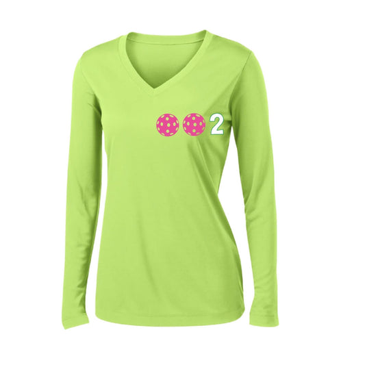 002 With Pickleballs (Colors Yellow Pink White) Customizable | Women's Long Sleeve V-Neck Pickleball Performance T-Shirts | 100% Polyester