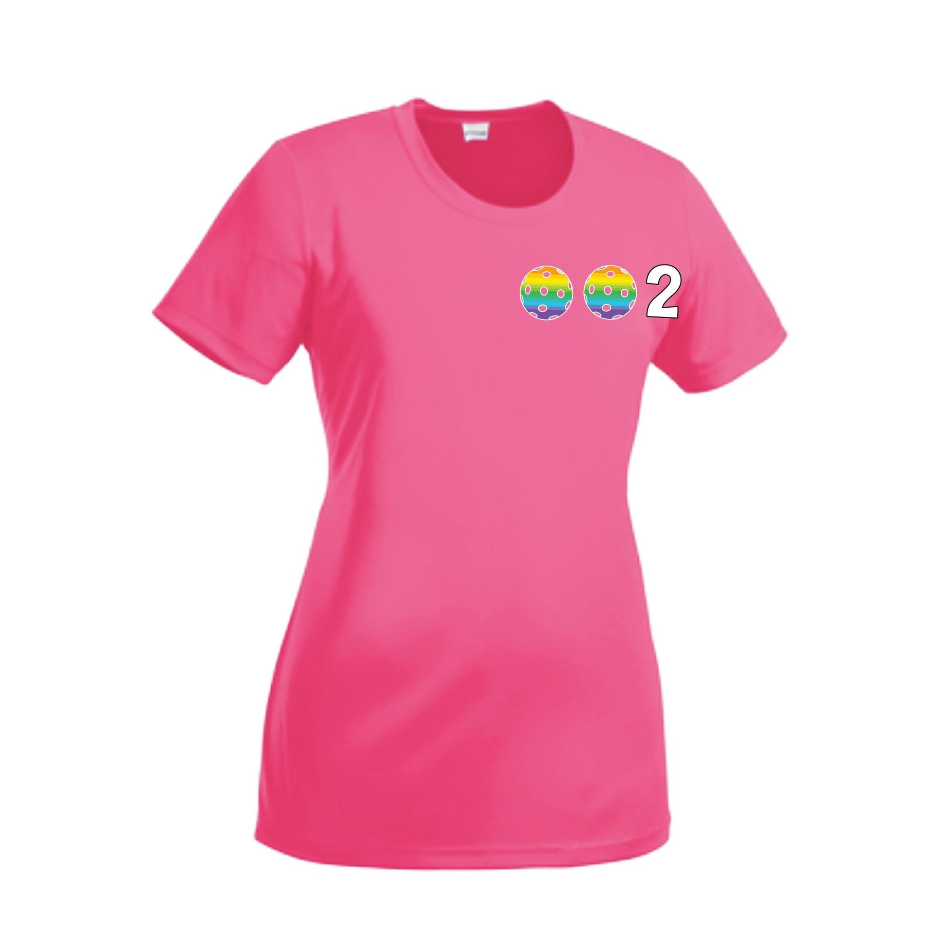 002 With Pickleballs (Cyan Purple Rainbow) Customizable | Women’s Short Sleeve Crewneck Pickleball Performance T-Shirts | 100% Polyester