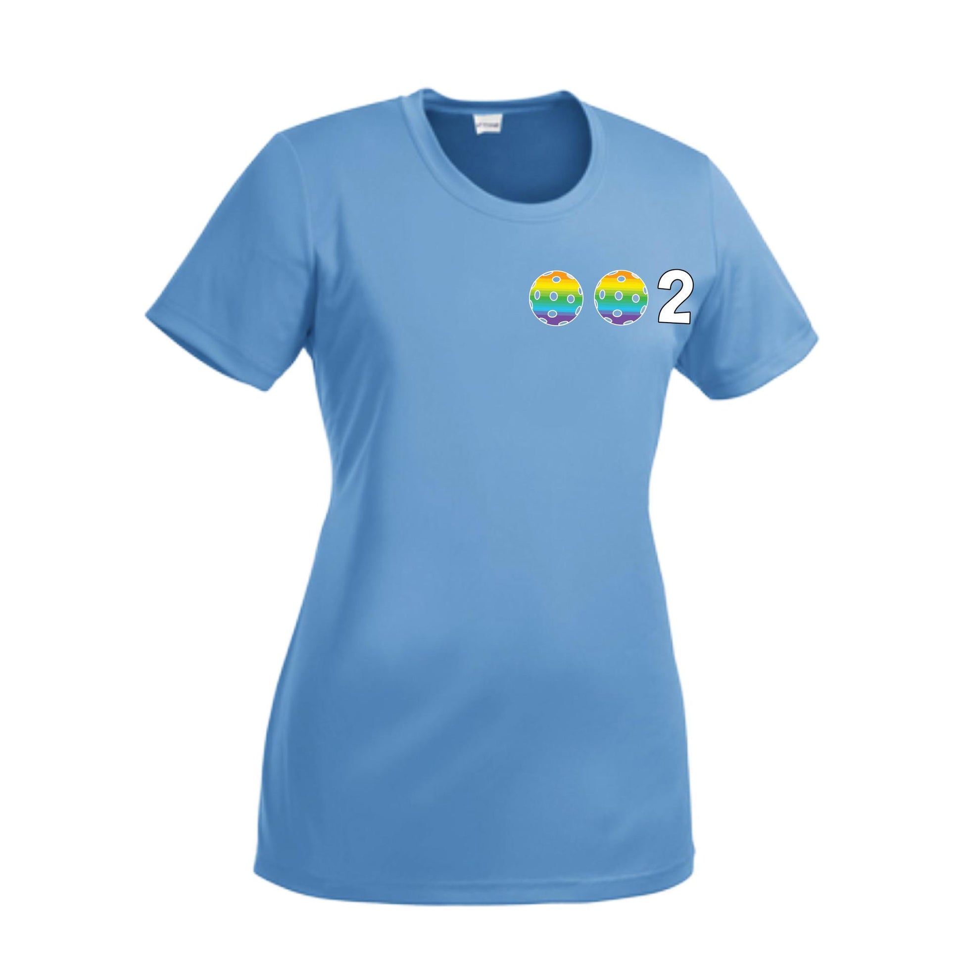 002 With Pickleballs (Cyan Purple Rainbow) Customizable | Women’s Short Sleeve Crewneck Pickleball Performance T-Shirts | 100% Polyester