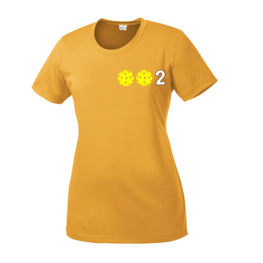 002 With Pickleballs (Yellow Pink White) Customizable | Women’s Short Sleeve Crewneck Pickleball Shirts | 100% Polyester