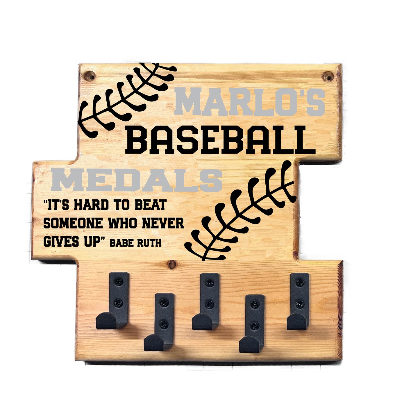 Custom Baseball "It's Hard to Beat Someone Who Never Gives Up" Trophy Display Rack | Sports Tournament Award Hanger