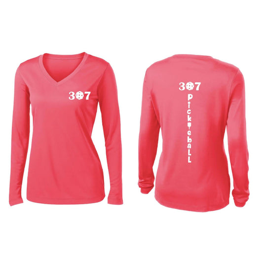 307 Wyoming Pickleball Club | Women's Long Sleeve V-Neck Pickleball Performance T-Shirts | 100% Polyester
