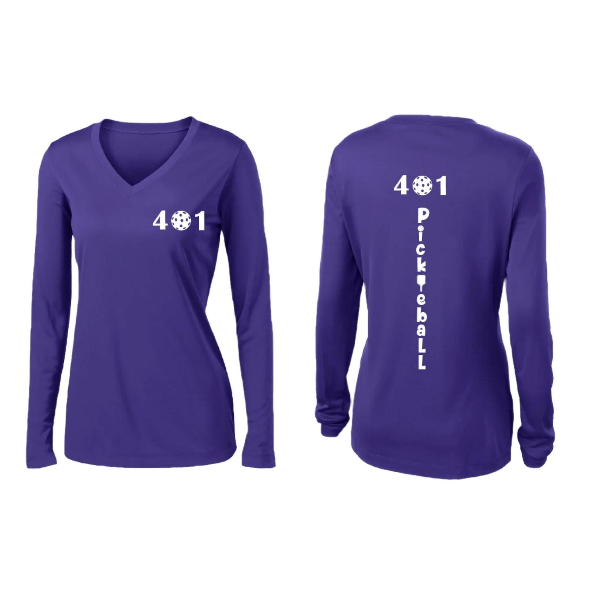 401 Rhode Island Pickleball Club | Women's Long Sleeve V-Neck Pickleball Performance T-Shirts | 100% Polyester