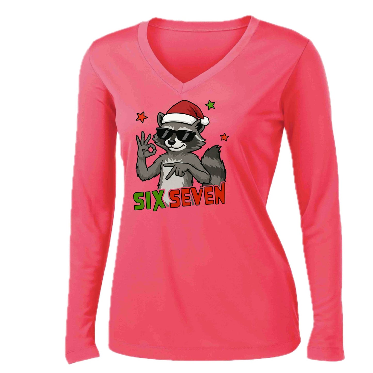67 Raccoon | Women’s Long Sleeve V-Neck Performance T-Shirt | 100% Polyester