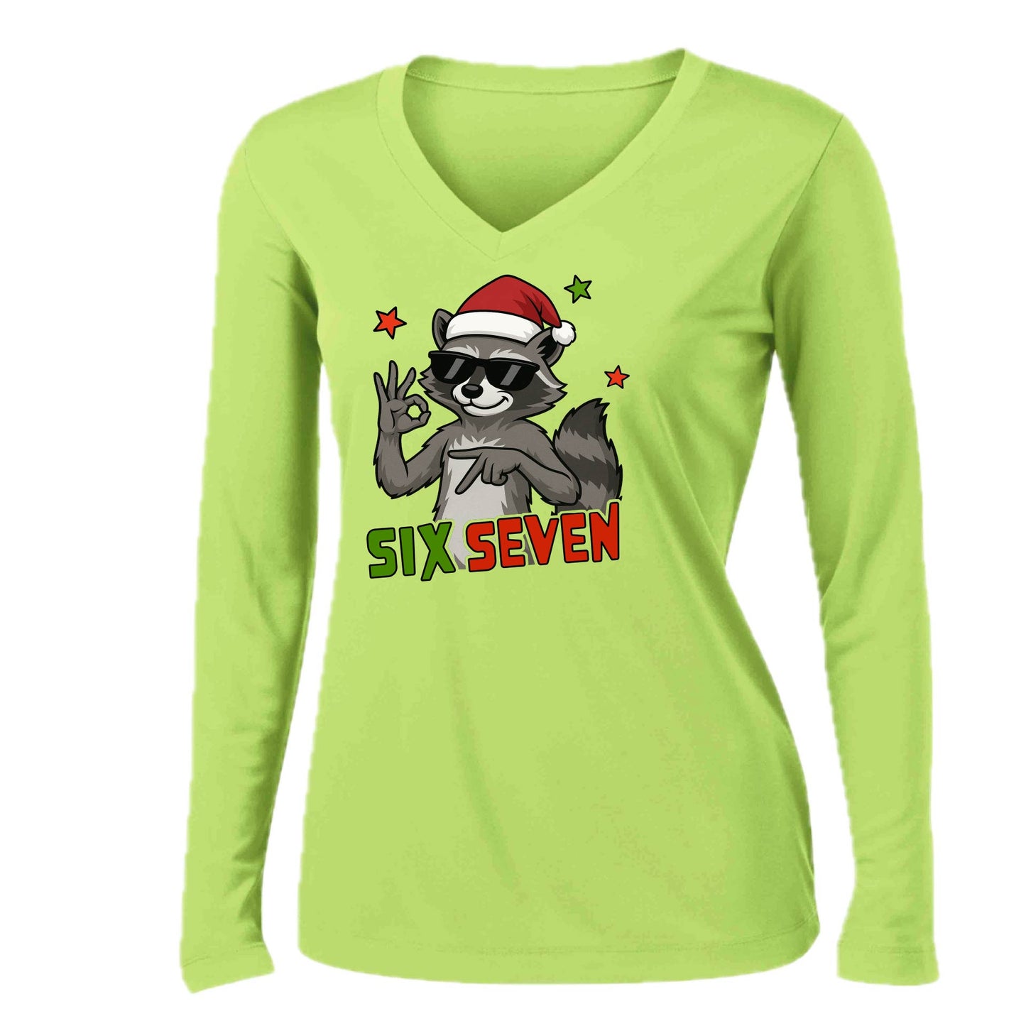 67 Raccoon | Women’s Long Sleeve V-Neck Performance T-Shirt | 100% Polyester