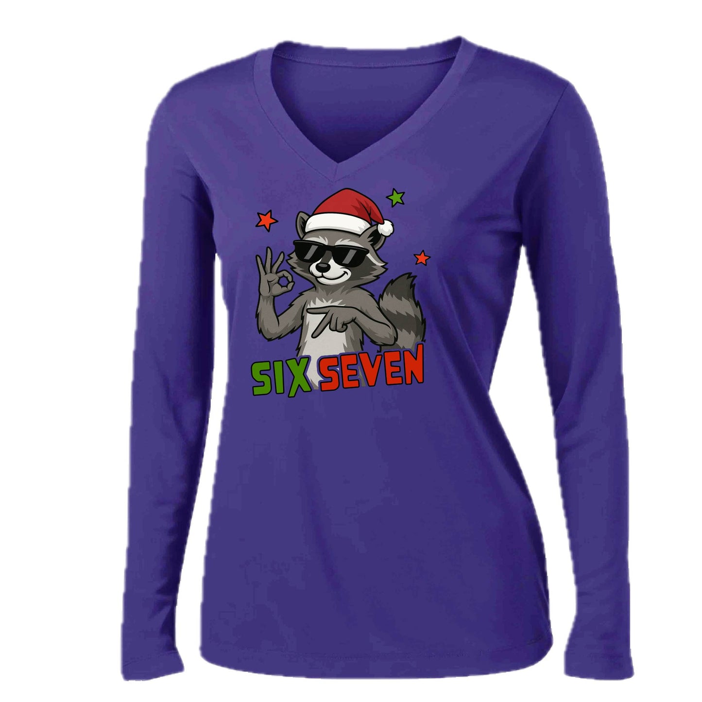 67 Raccoon | Women’s Long Sleeve V-Neck Performance T-Shirt | 100% Polyester