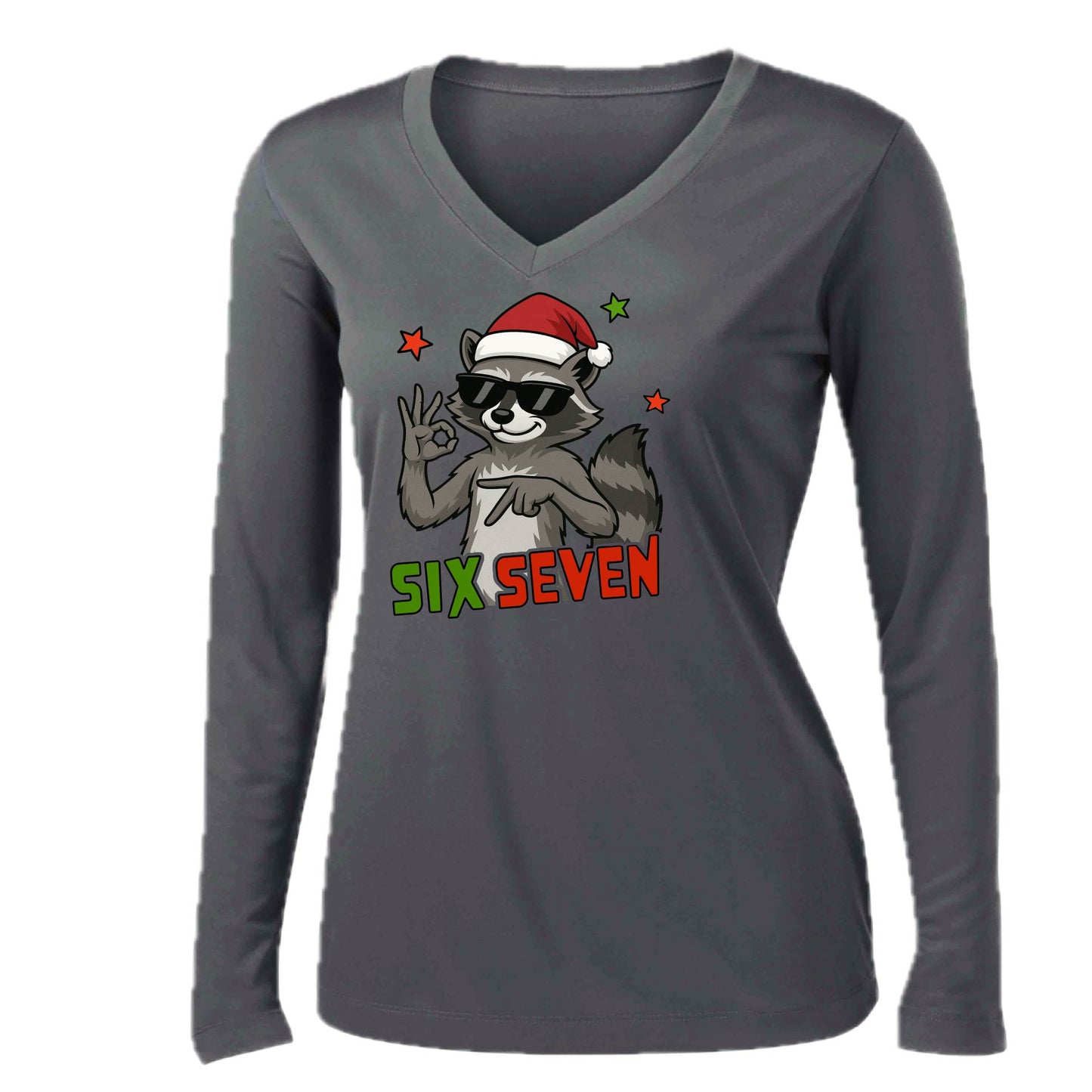 67 Raccoon | Women’s Long Sleeve V-Neck Performance T-Shirt | 100% Polyester