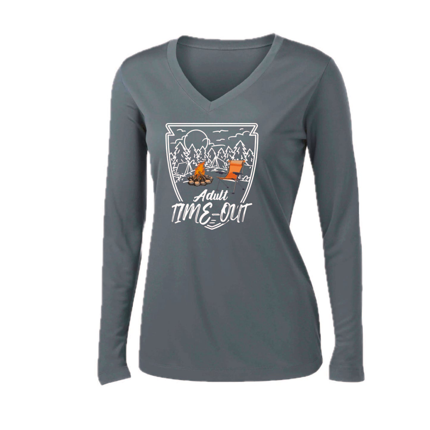 Adult Time Out | Women’s Long Sleeve V-Neck Camping T-Shirt | 100% Polyester