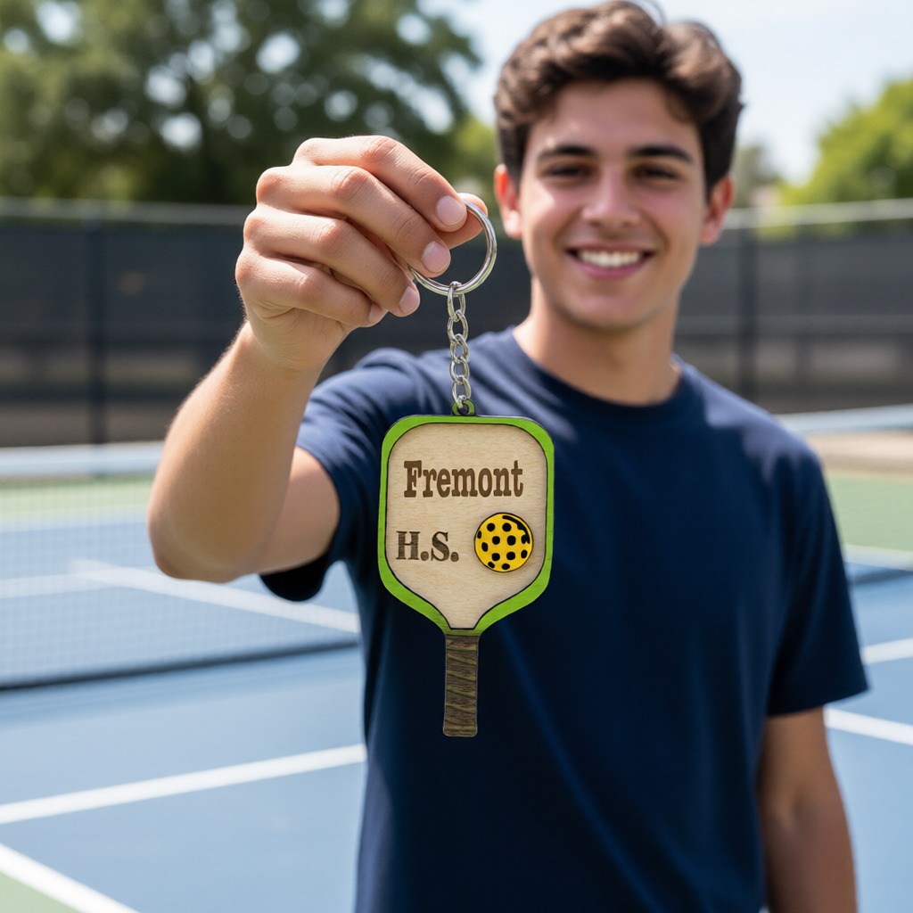 Set of 10 Fremont High School Custom Pickleball Paddle Keychain, Personalized Balsa Wood Keychain Charms