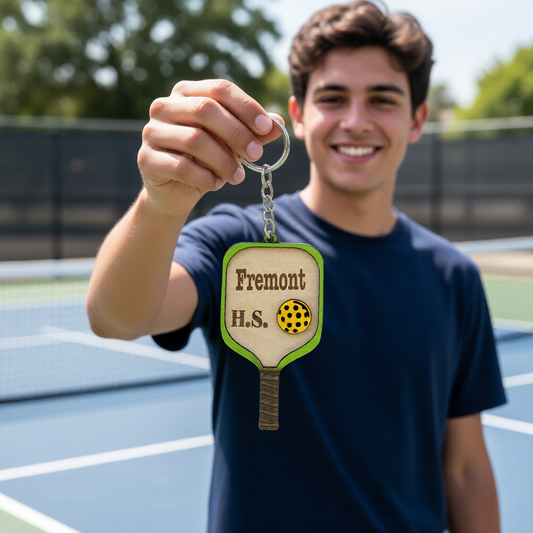 Set of 10 Fremont High School Custom Pickleball Paddle Keychain, Personalized Balsa Wood Keychain Charms