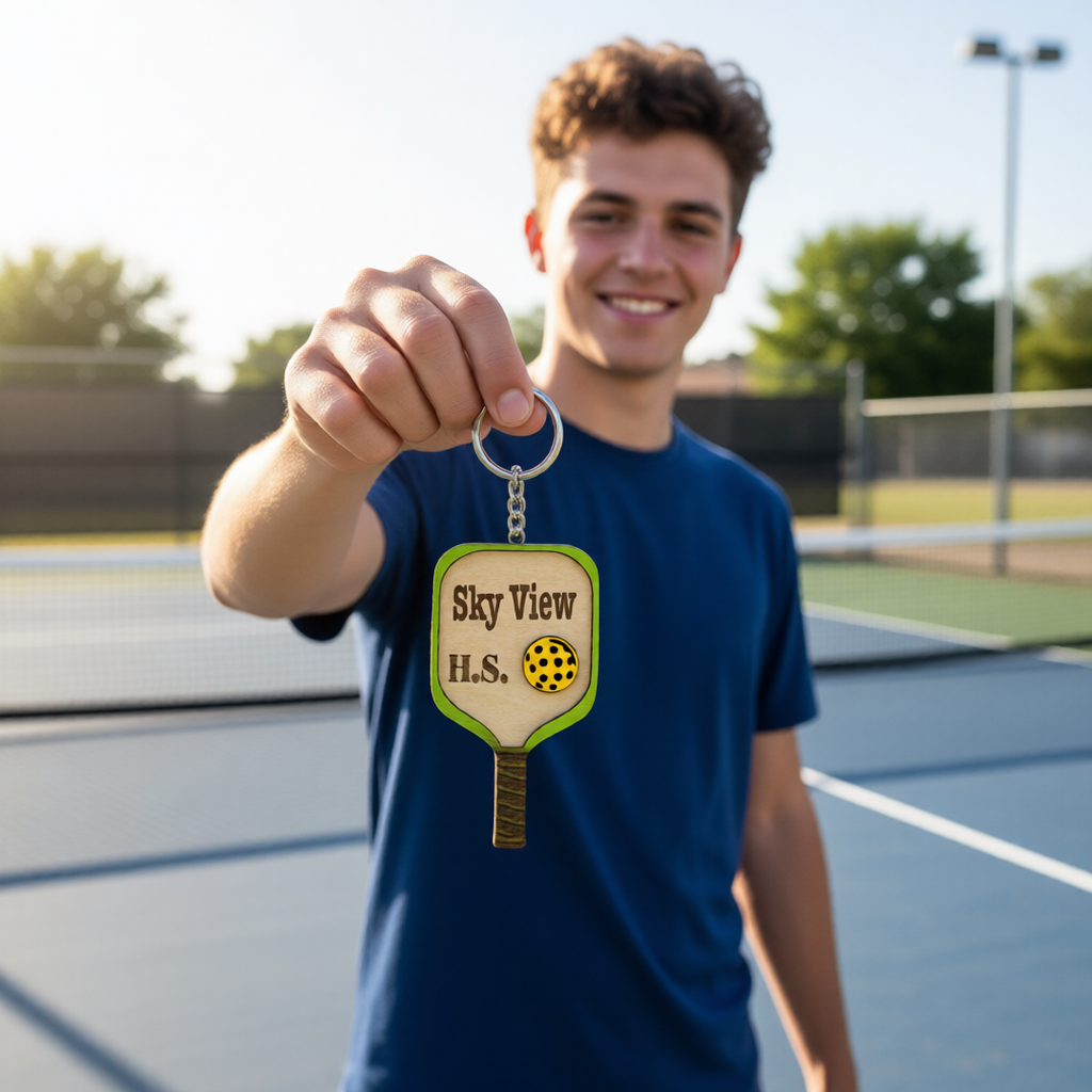 Set of 10 Sky View High School Custom Pickleball Paddle Keychain, Personalized Balsa Wood Charms