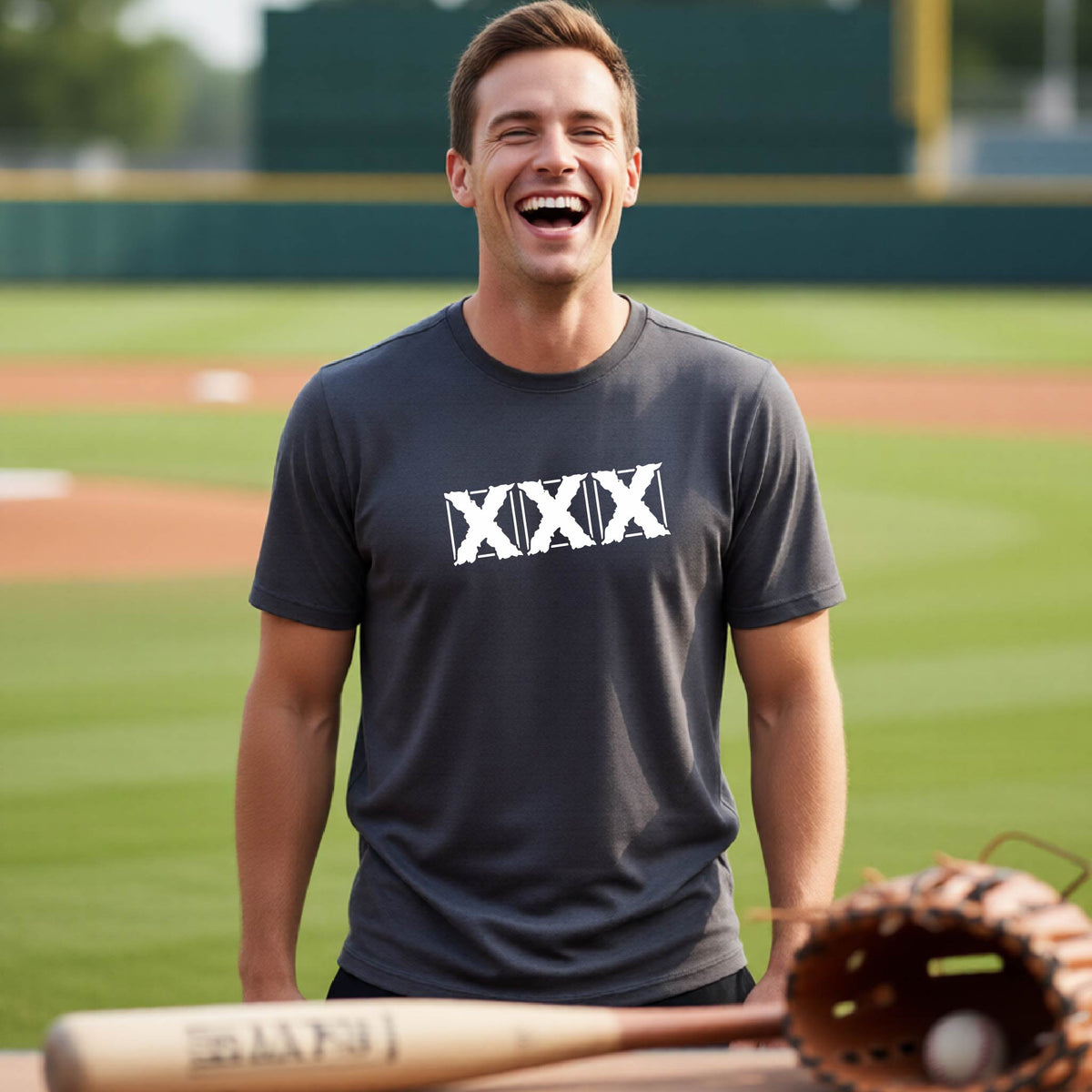 A man laughing on a baseball field wearing a dark gray t-shirt with a white 'XXX' baseball graphic on the chest, with a baseball field in the foreground.