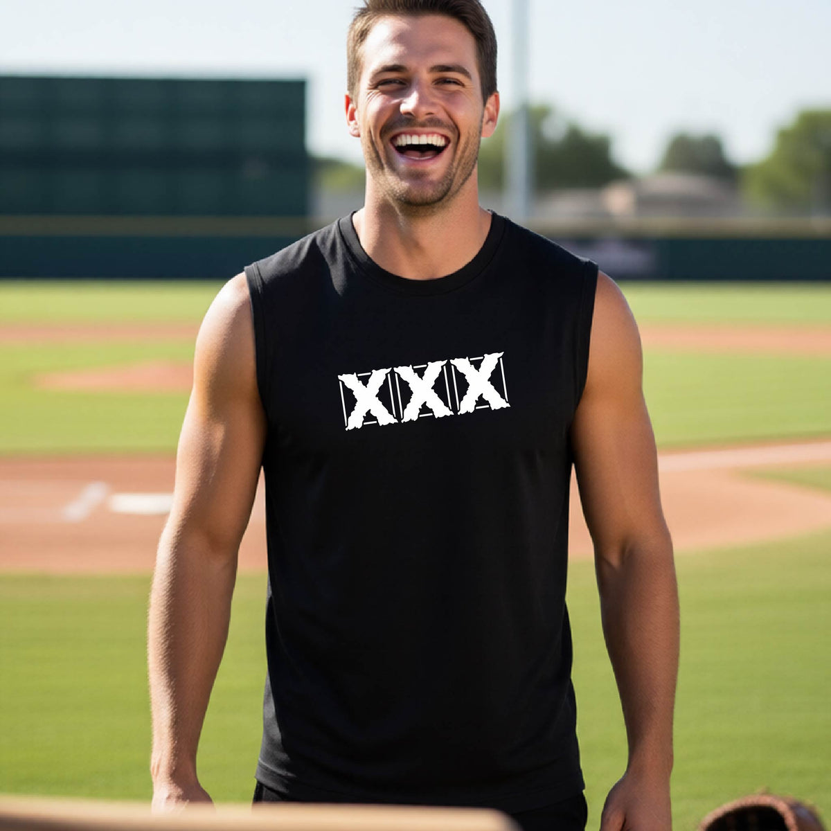 A smiling man wearing a black sleeveless athletic tank top with a white XXX graphic on the chest, standing on a baseball field.