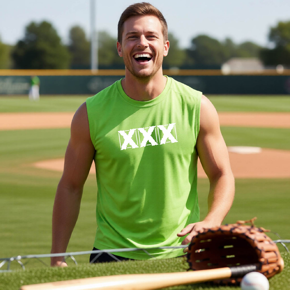 A man smiling on a baseball field wearing a bright lime green sleeveless athletic shirt with a white geometric XXX logo on the chest, holding a brown baseball glove and bat.