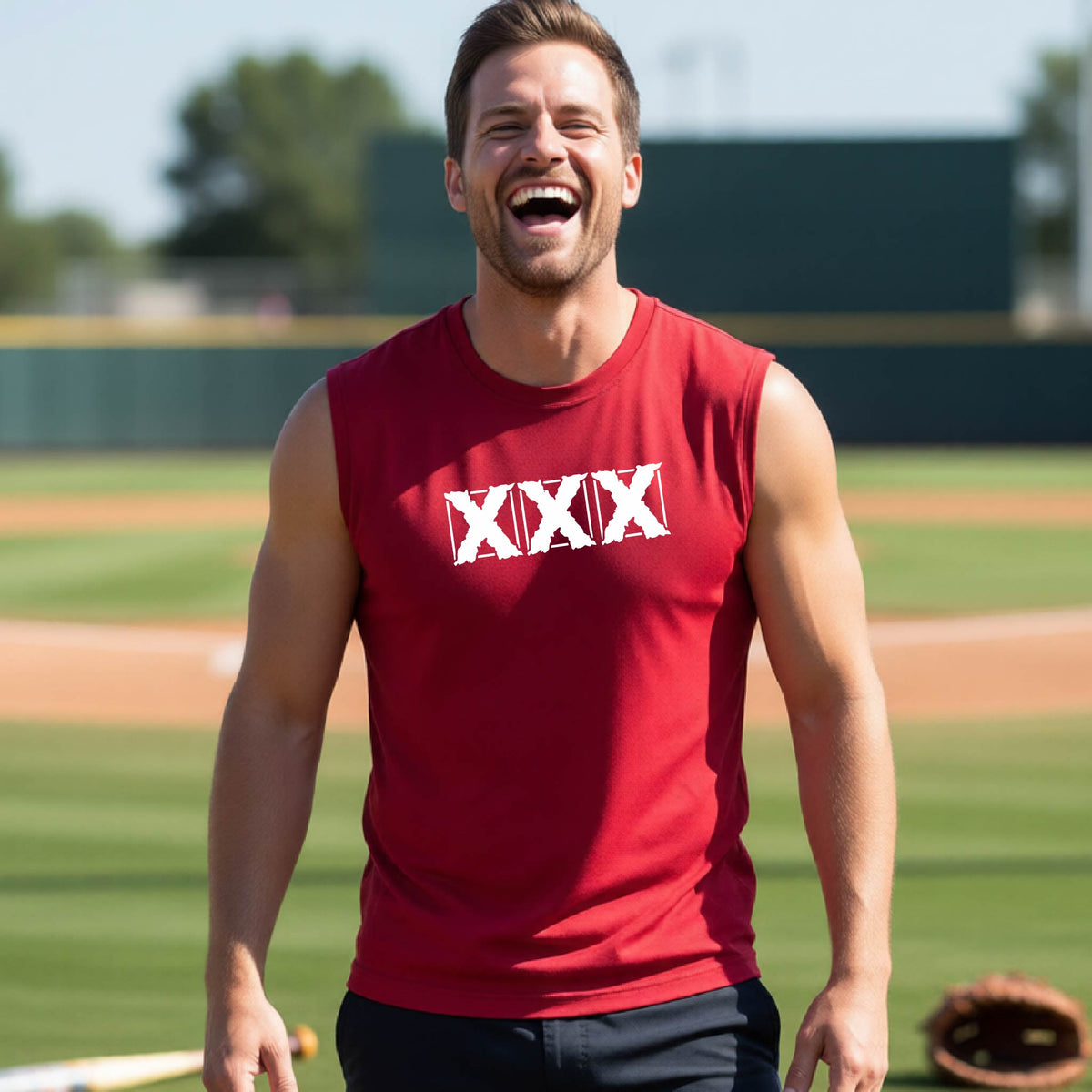 A man laughing on a baseball field wearing a red sleeveless athletic shirt with a white XXX graphic on the chest.
