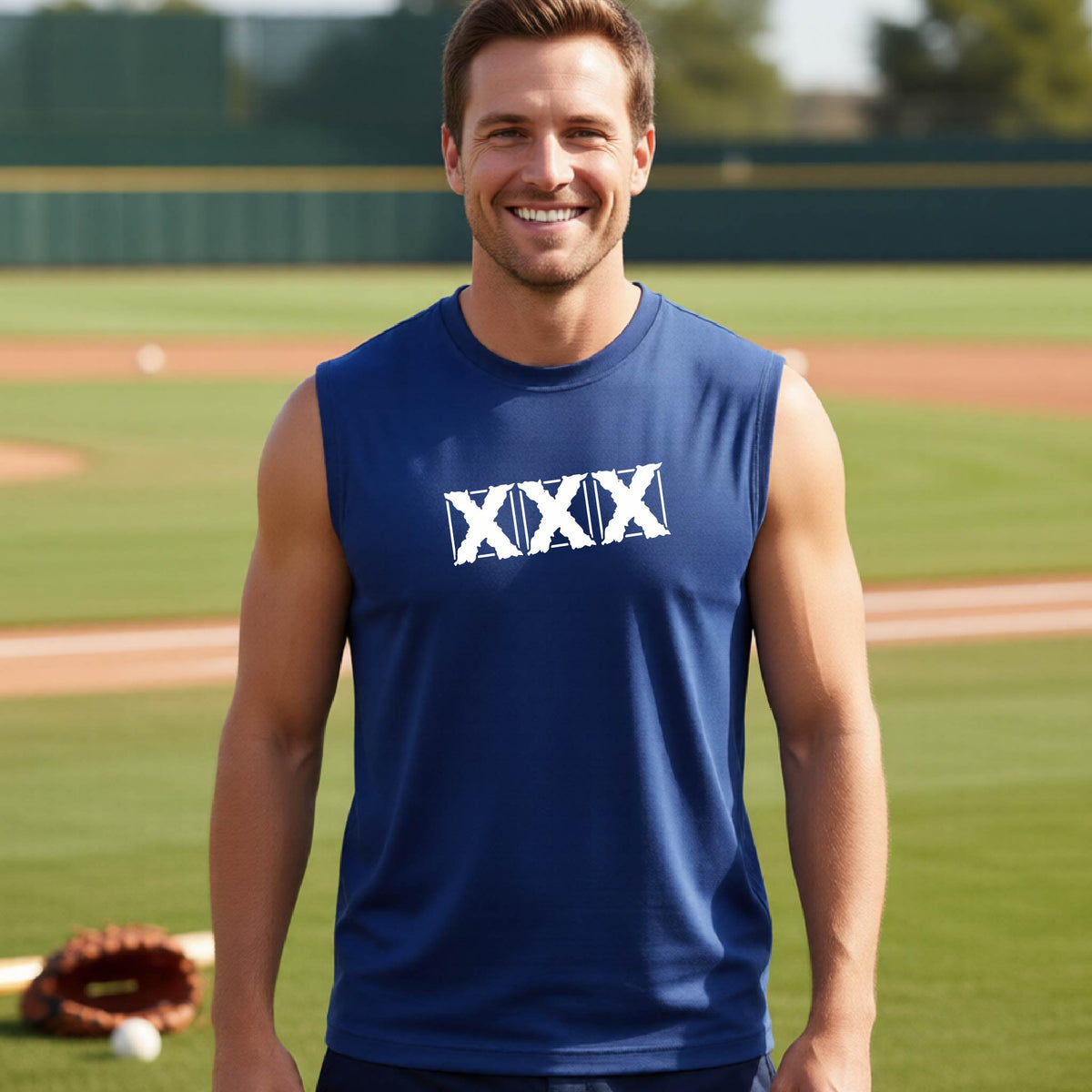 A smiling man wearing a navy blue sleeveless athletic shirt with a white XXX logo on the chest, standing on a baseball field.