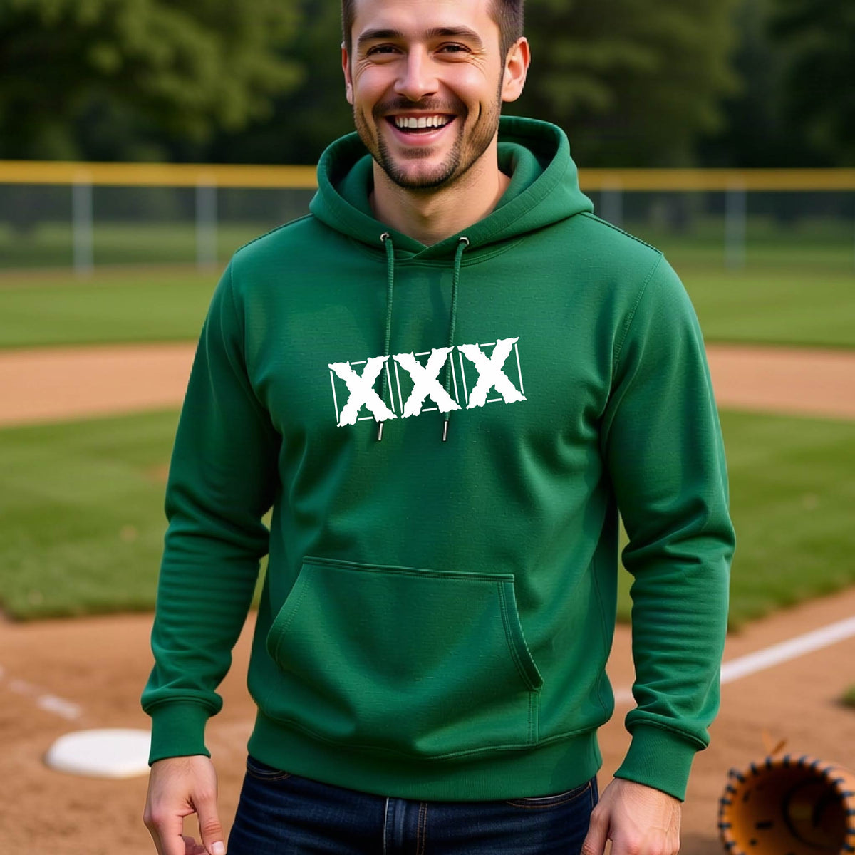A man smiling on a baseball field wearing a green hoodie with a white graphic of 'XXX' text print on the chest.