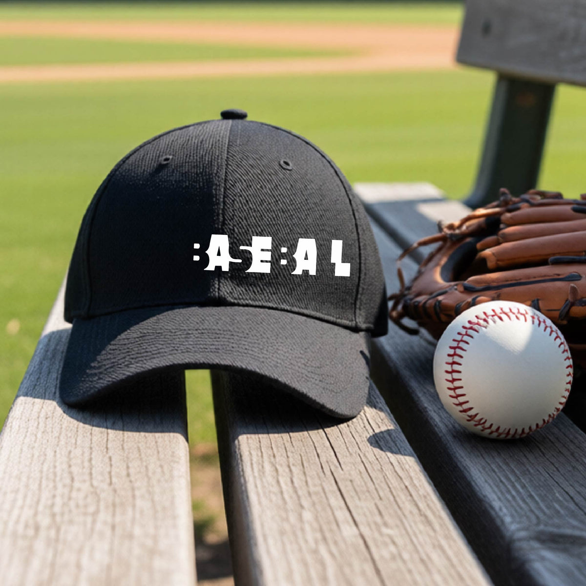 A close-up of a black baseball cap with the white text 'BASEBALL' in a cutout design printed across the chest, on an outdoor bench with a baseball field in the background. 