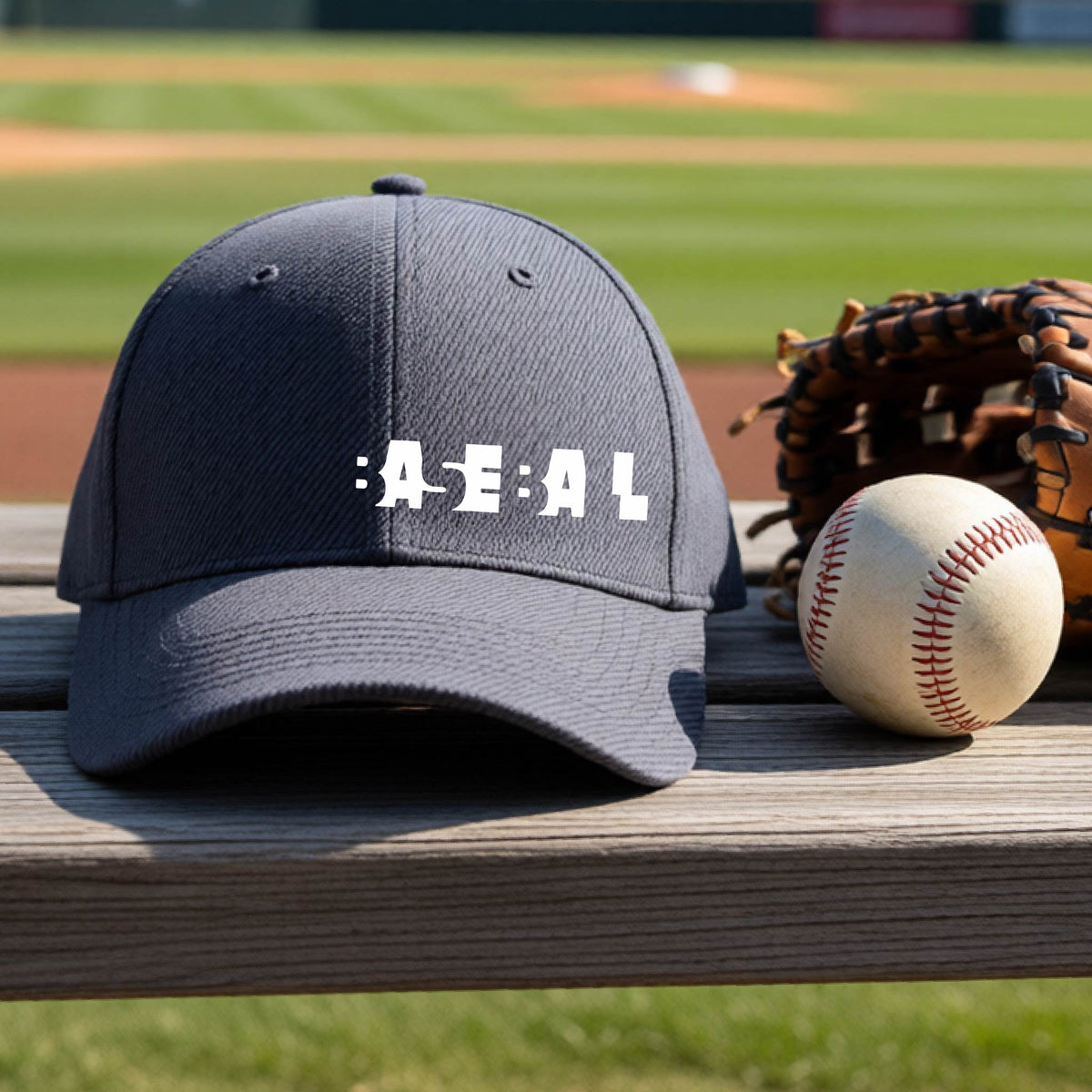 A close-up of a graphite gray baseball cap with the white text 'BASEBALL' in a cutout design printed across the chest, on an outdoor bench with a baseball field in the background. 