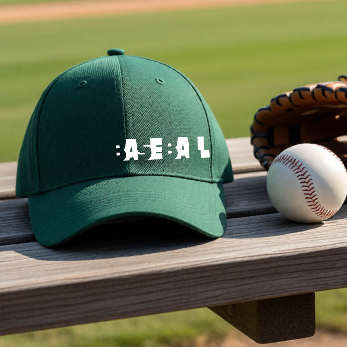 A close-up of a green baseball cap with the white text 'BASEBALL' in a cutout design printed across the chest, on an outdoor bench with a baseball field in the background. 