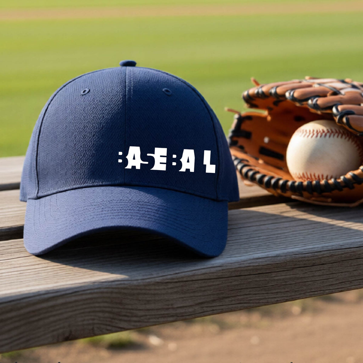A close-up of a navy blue baseball cap with the white text 'BASEBALL' in a cutout design printed across the chest, on an outdoor bench with a baseball field in the background. 