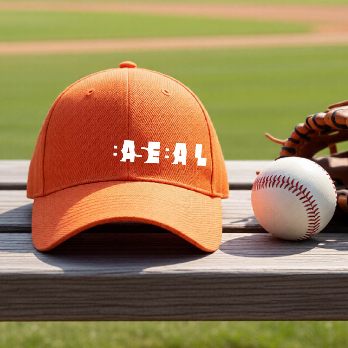 A close-up of an orange baseball cap with the white text 'BASEBALL' in a cutout design printed across the chest, on an outdoor bench with a baseball field in the background. 