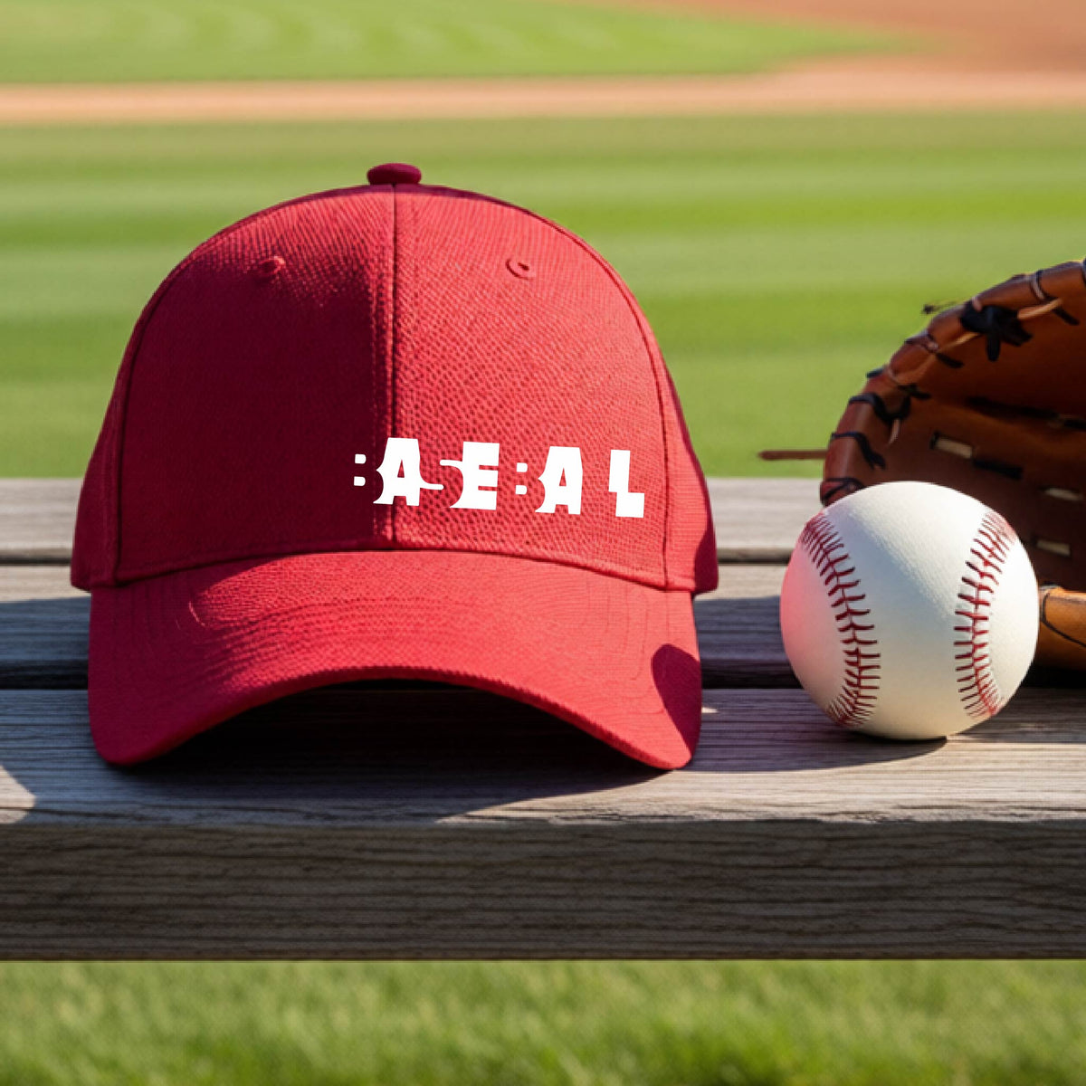 A close-up of a  red baseball cap with the white text 'BASEBALL' in a cutout design printed across the chest, on an outdoor bench with a baseball field in the background. 