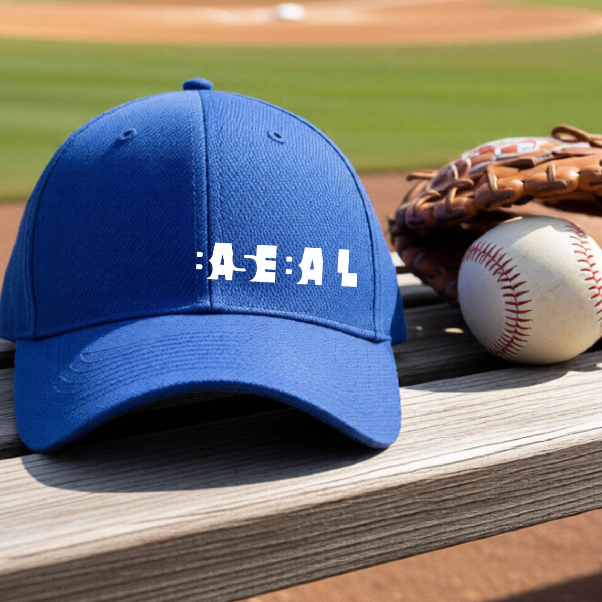 A close-up of a royal blue baseball cap with the white text 'BASEBALL' in a cutout design printed across the chest, on an outdoor bench with a baseball field in the background. 