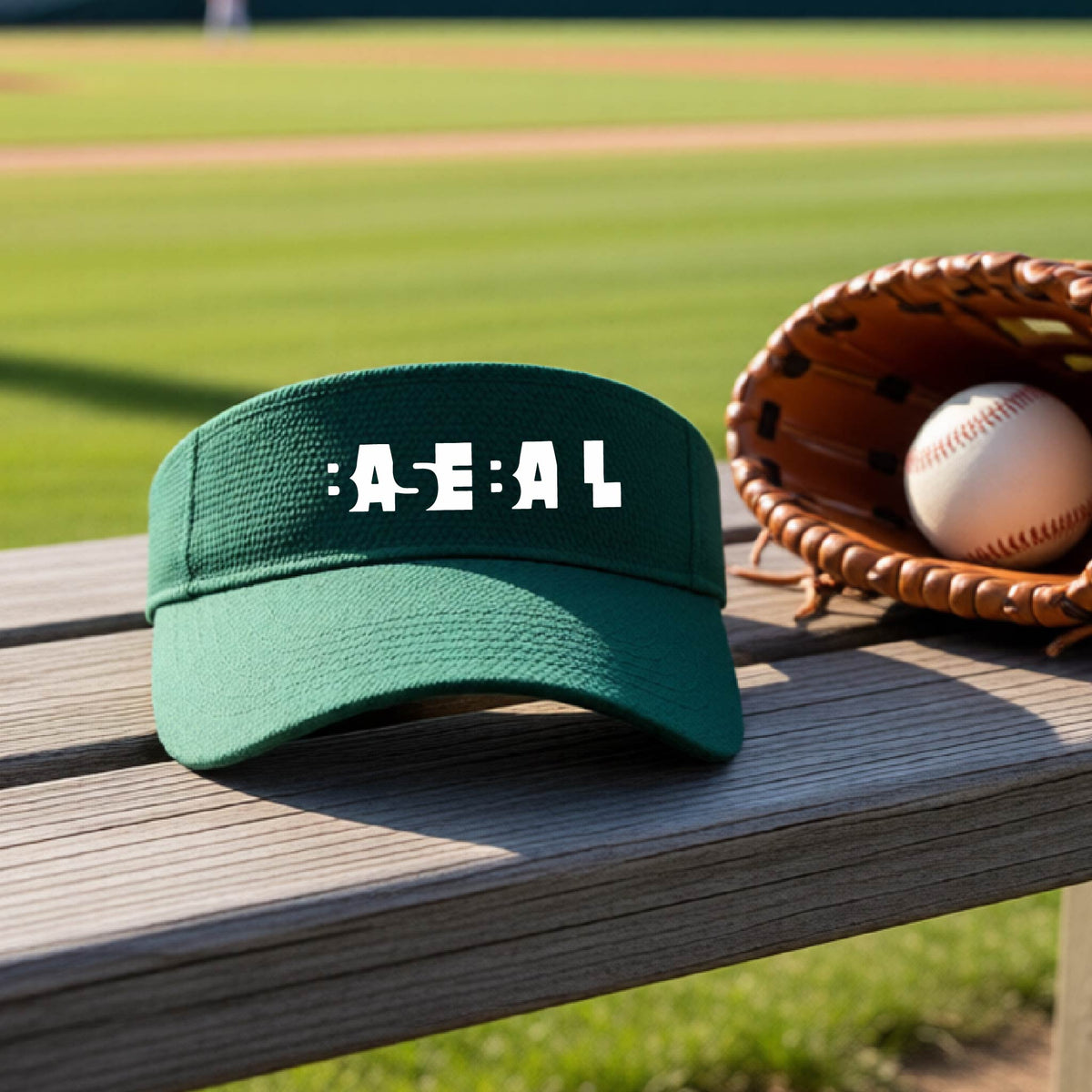 A green baseball visor with white pixelated and cutout text reading 'BASEBALL' sits on a wooden baseball bench at a baseball field, with baseballs and a glove nearby.