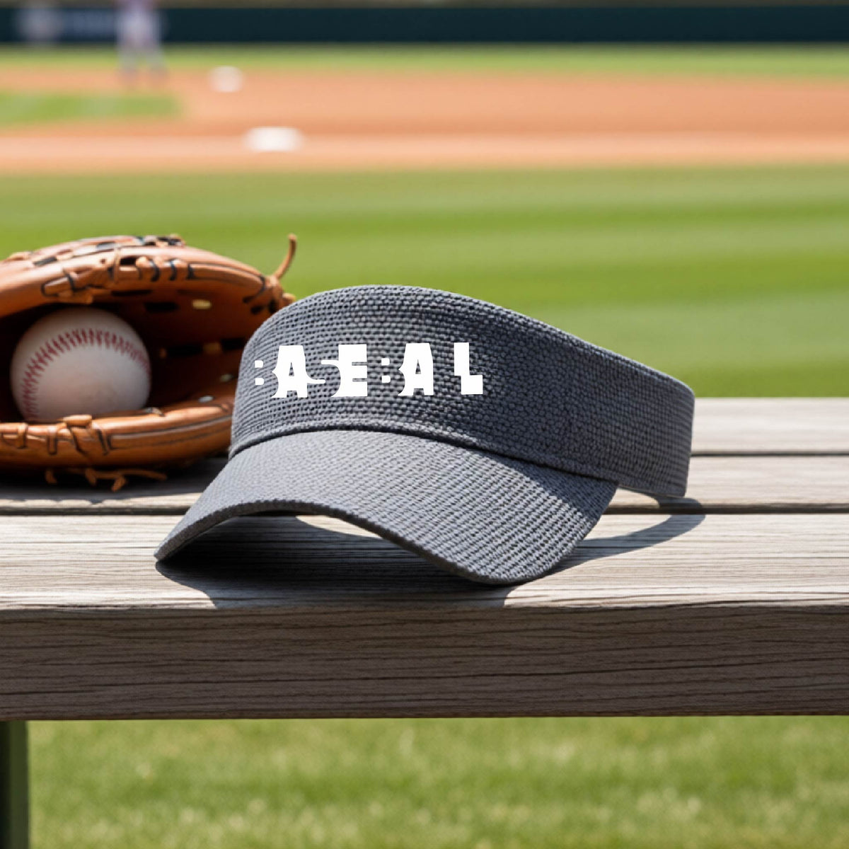 A graphite gray baseball visor with white pixelated and cutout text reading 'BASEBALL' sits on a wooden baseball bench at a baseball field, with baseballs and a glove nearby.