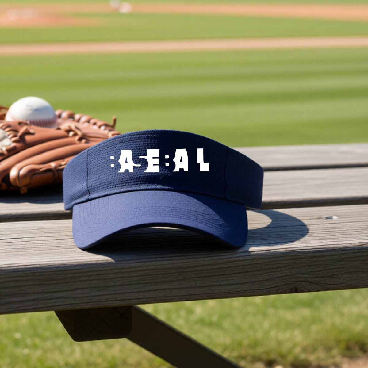 A navy blue baseball visor with white pixelated and cutout text reading 'BASEBALL' sits on a wooden baseball bench at a baseball field, with baseballs and a glove nearby.