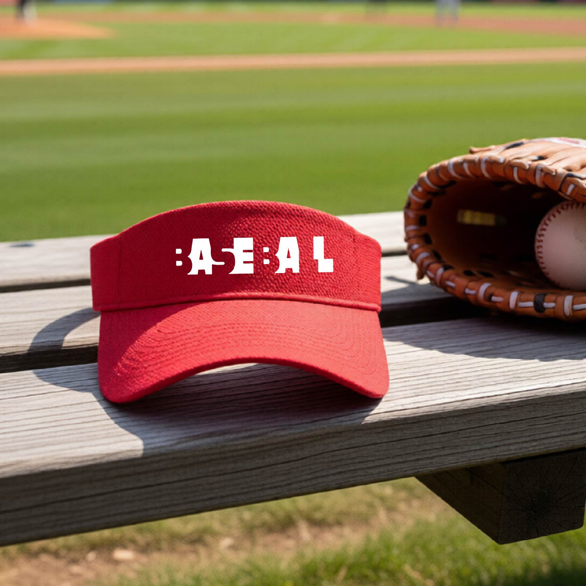 A red baseball visor with white pixelated and cutout text reading 'BASEBALL' sits on a wooden baseball bench at a baseball field, with baseballs and a glove nearby.