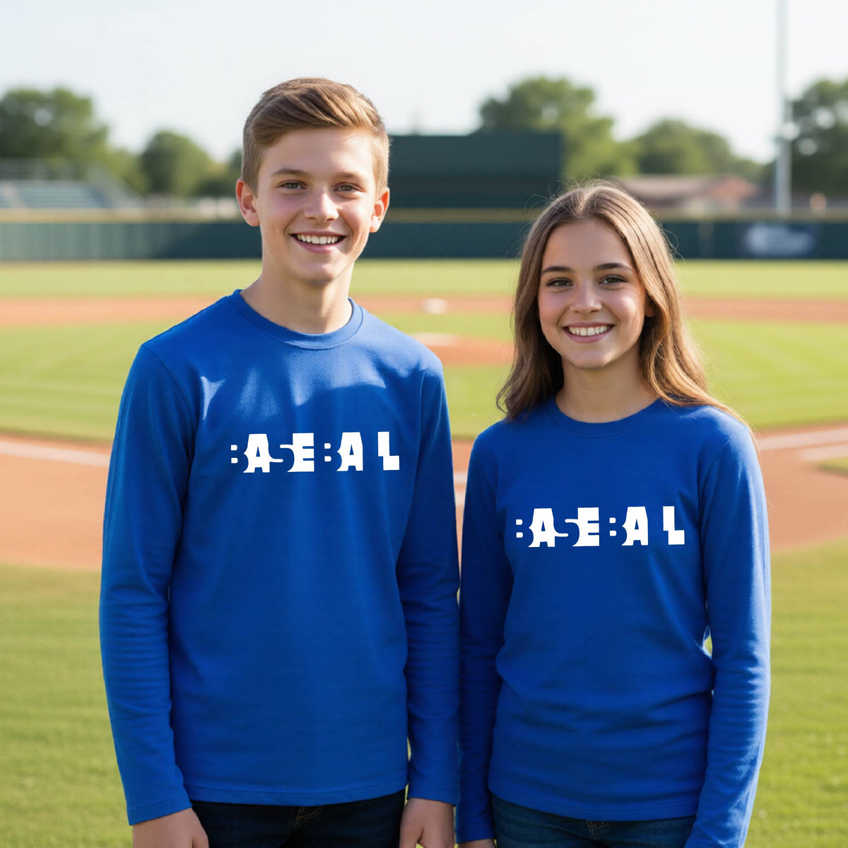 Two young athletes, standing on a baseball field wearing matching bright royal blue long-sleeve t-shirts with white pixelated text that reads 'BASEBALL' in a cutout letter font.