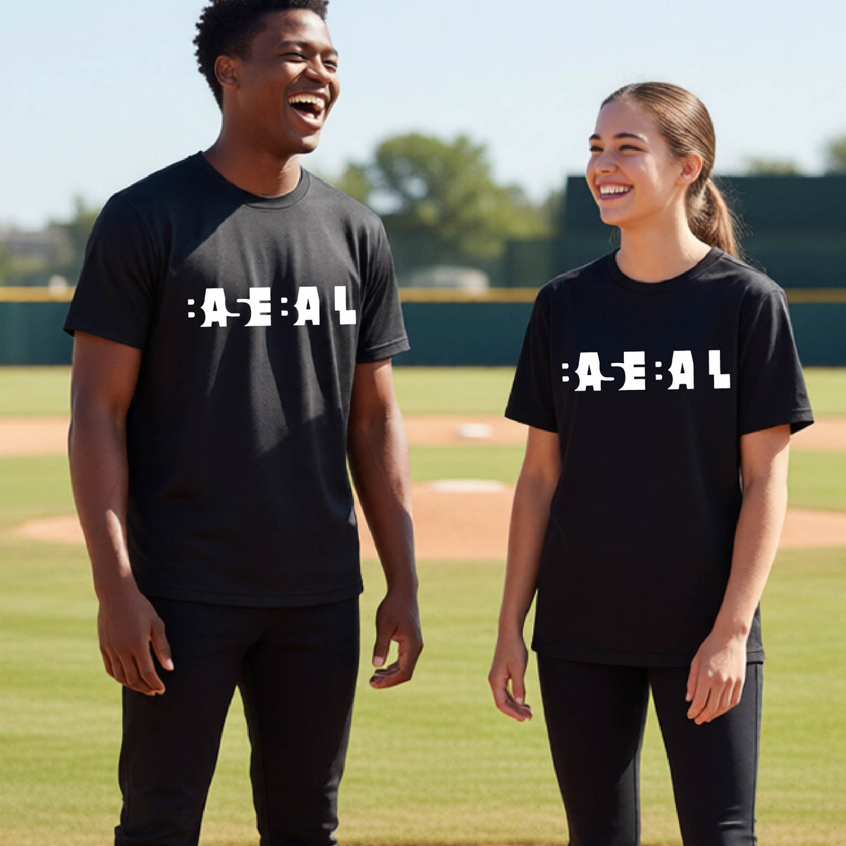 Two young people standing on a baseball field wearing matching black t-shirts with the text 'BASEBALL' in a cutout artsy design printed in white across the chest.