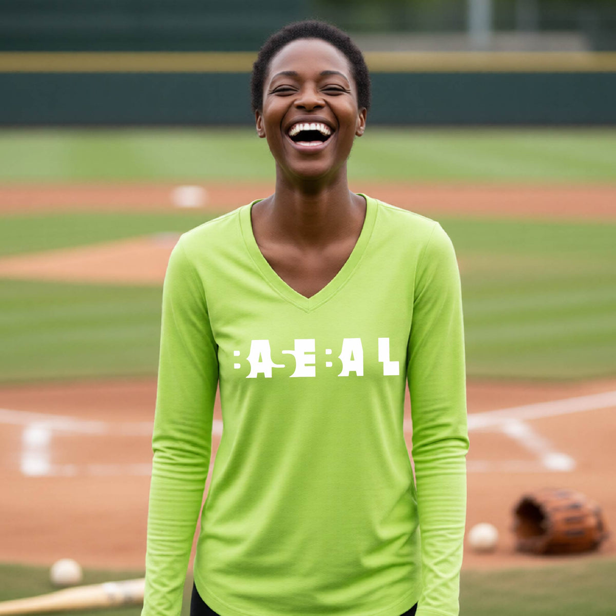 A smiling woman wearing a bright lime green long-sleeve athletic shirt with the white text 'BASEBALL' in a cutout design printed across the chest, standing on a baseball field.