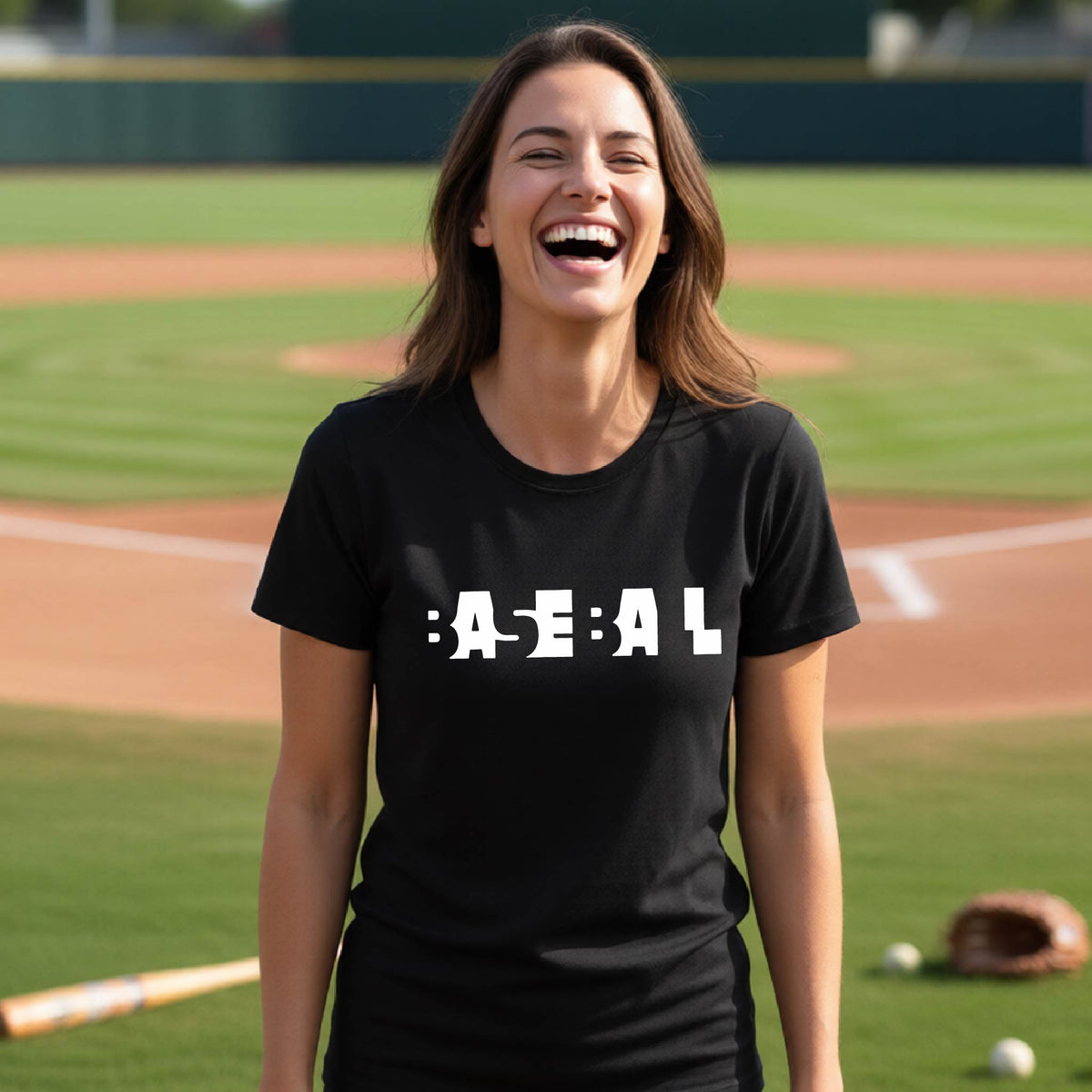 A smiling woman wearing a black short-sleeve athletic shirt with the white text 'BASEBALL' in a cutout design printed across the chest, standing on a baseball field.