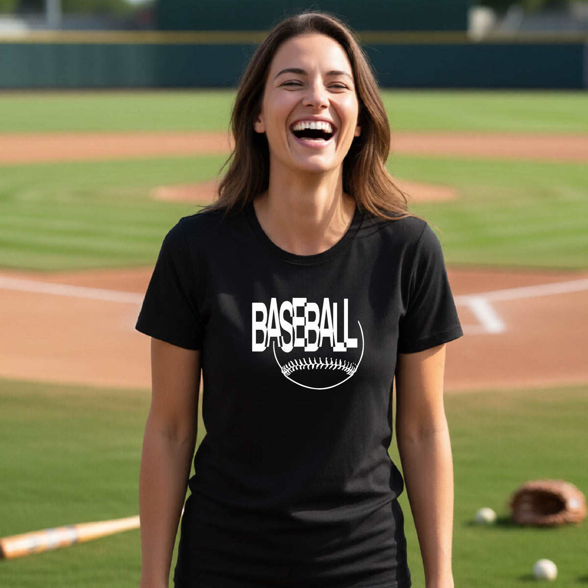 A woman laughing on a baseball field wearing a black short-sleeve t-shirt with a white 'BASEBALL' graphic and baseball stitching design on the front, standing on a baseball field.