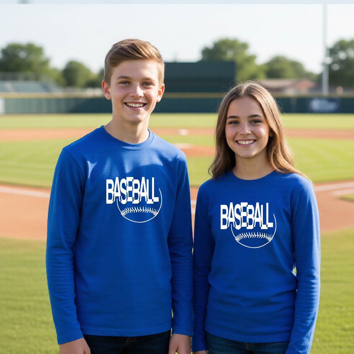Two young athletes wearing matching royal blue long-sleeve t-shirts with a white baseball graphic on the chest stands on a baseball field. The shirt features the word 'BASEBALL' in a baseball-style font with a stitched ball design underneath.