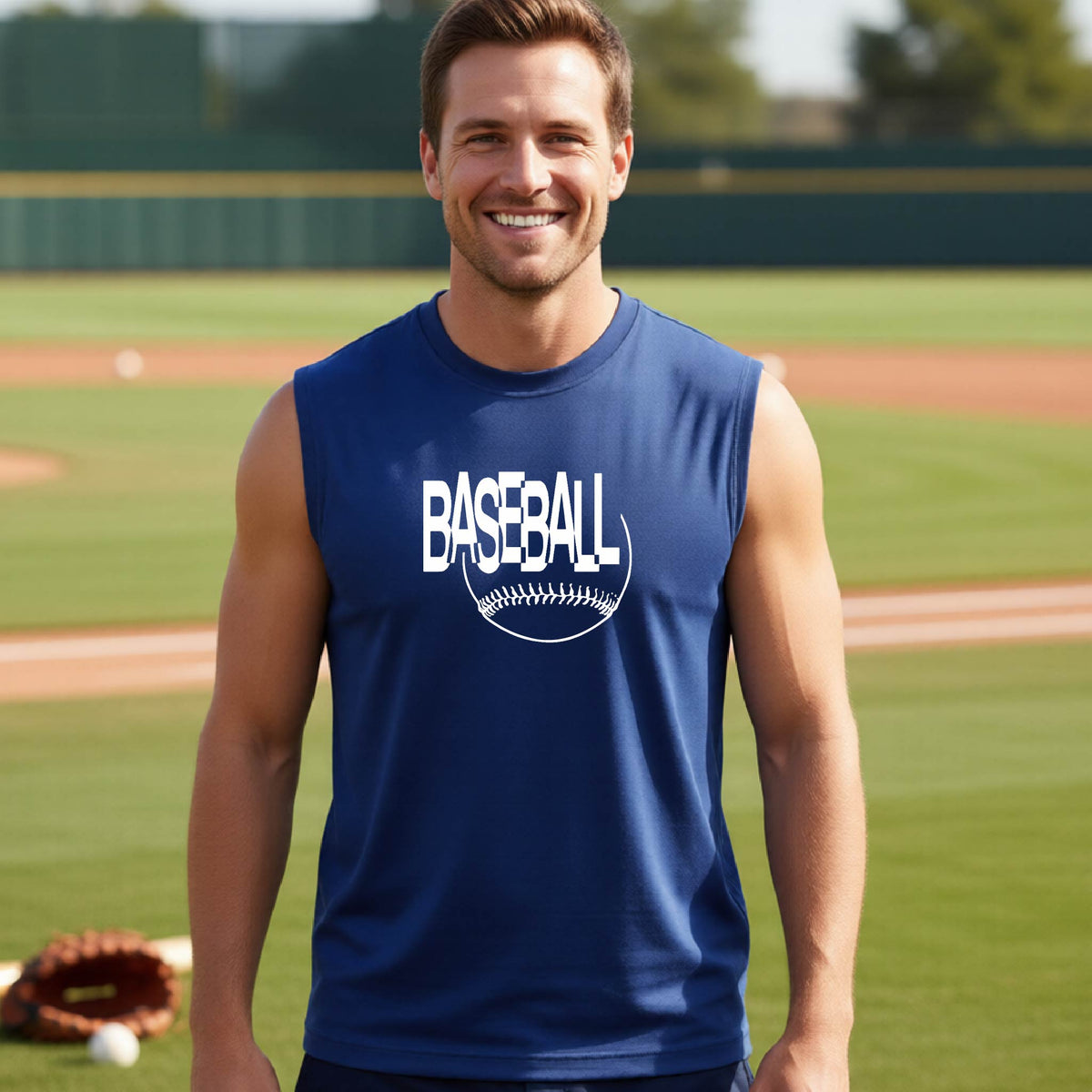 A man laughing on a baseball field wearing a royal blue sleeveless t-shirt with a white 'BASEBALL' graphic and baseball stitching design on the front, standing on a baseball field.