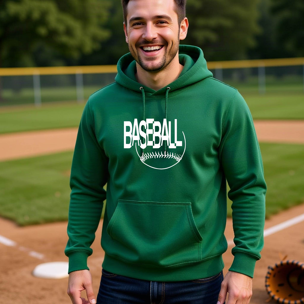 A smiling man wearing a green hoodie with a white baseball graphic on the chest stands on a baseball field. The hoodie features the word 'BASEBALL' in a baseball-style font with a stitched ball design underneath.