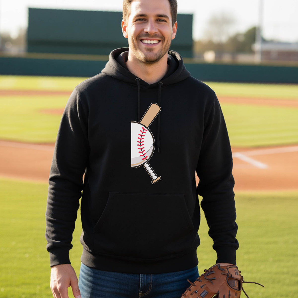 A man smiling in front of a baseball diamond wearing a black hoodie pullover, with a colorful graphic of a half baseball with a curved bat behind it, printed on the front of the shirt. 