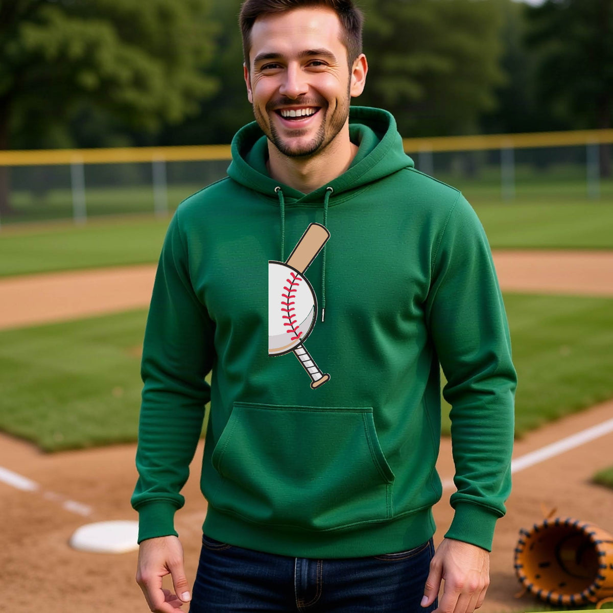 A man smiling in front of a baseball diamond wearing a green hoodie pullover, with a colorful graphic of a half baseball with a curved bat behind it, printed on the front of the shirt. 