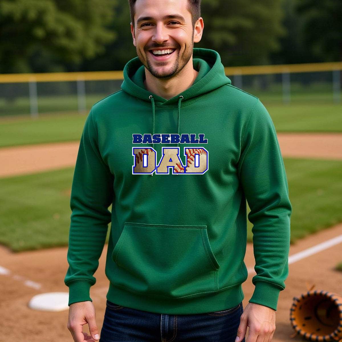 A man smiling in front of a baseball diamond wearing a green hoodie pullover with a colored graphic of 'BASEBALL DAD' printed on the front.