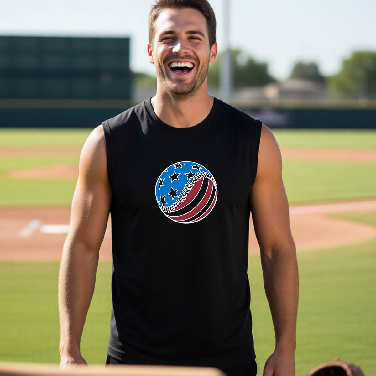 A man smiling in front of a baseball diamond wearing a black sleeveless t-shirt with a colored graphic of an American flag patriotic baseball with stars and stripes printed on the front.