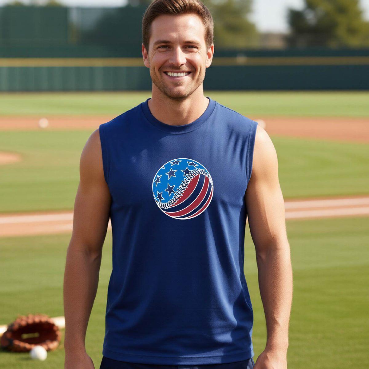 A man smiling in front of a baseball diamond wearing a blue sleeveless t-shirt with a colored graphic of an American flag patriotic baseball with stars and stripes printed on the front.