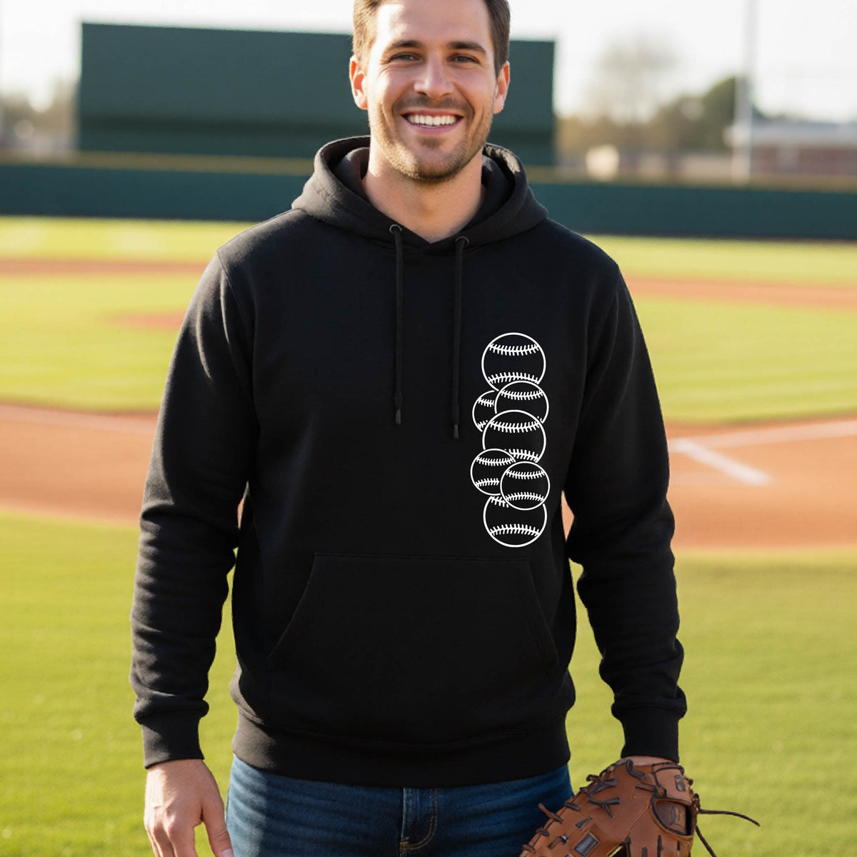 A man smiling in front of a baseball diamond wearing a black hoodie pullover, with a white graphic of 6 sketched baseballs overlapping, printed on the front of the shirt
