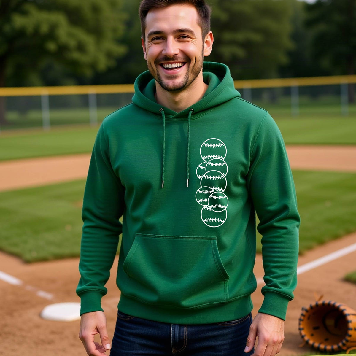 A man smiling in front of a baseball diamond wearing a green hoodie pullover, with a white graphic of 6 sketched baseballs overlapping, printed on the front of the shirt