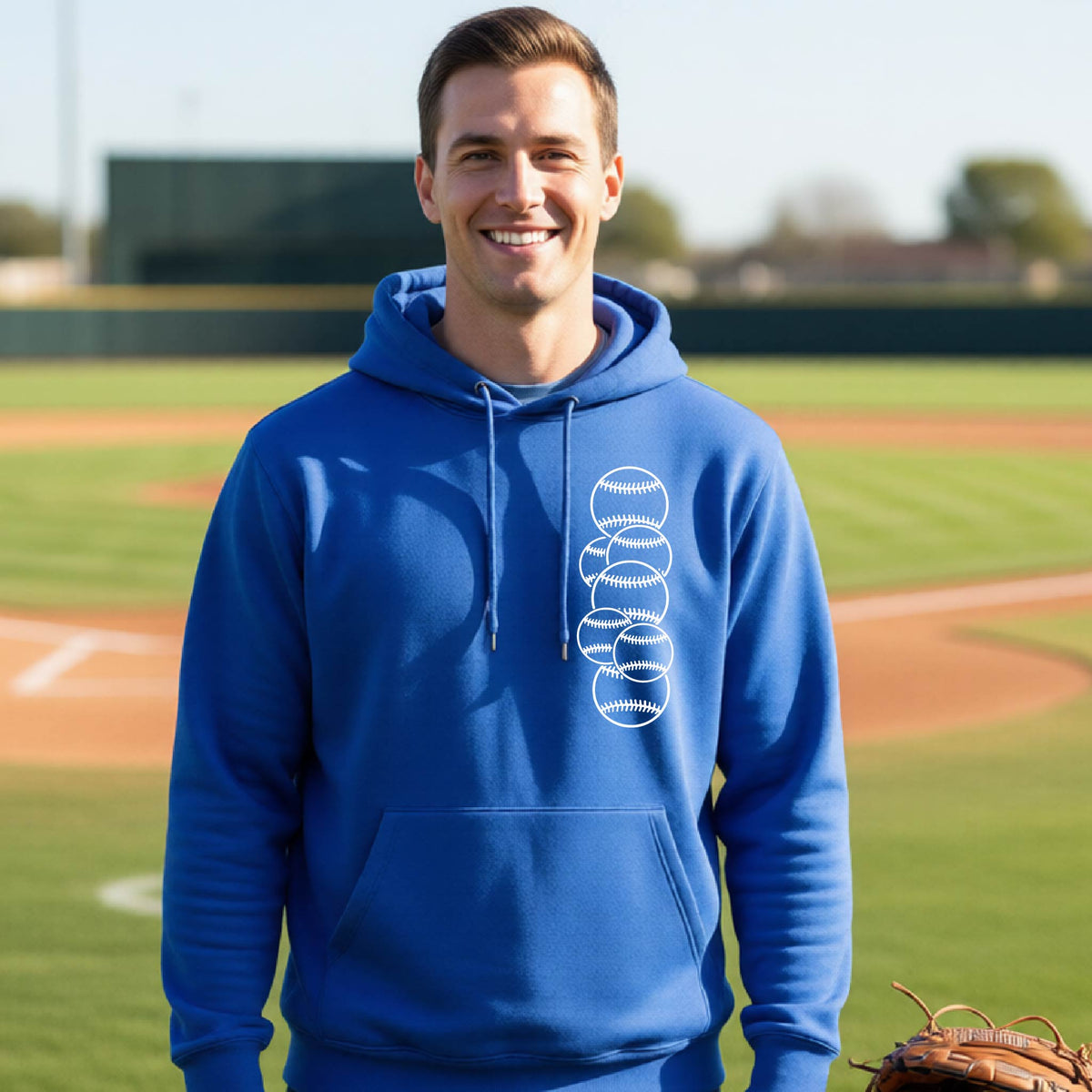 A man smiling in front of a baseball diamond wearing a royal blue hoodie pullover, with a white graphic of 6 sketched baseballs overlapping, printed on the front of the shirt