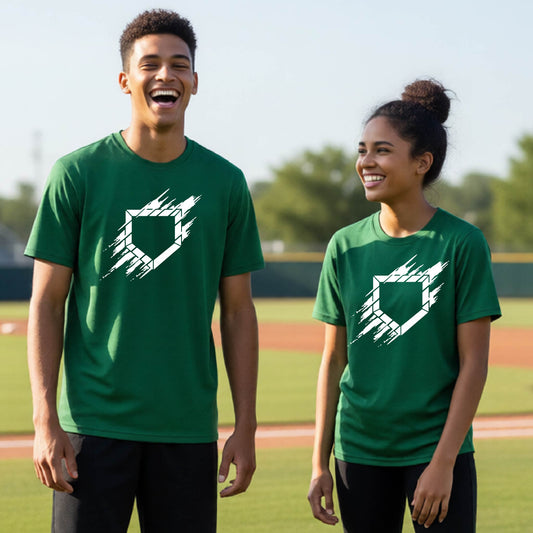 Two youth athletes wearing matching green short-sleeve t-shirts, smiling in front of a baseball diamond, with an artistic white graphic of a sketch of baseball home plate, printed on the front of the shirt.