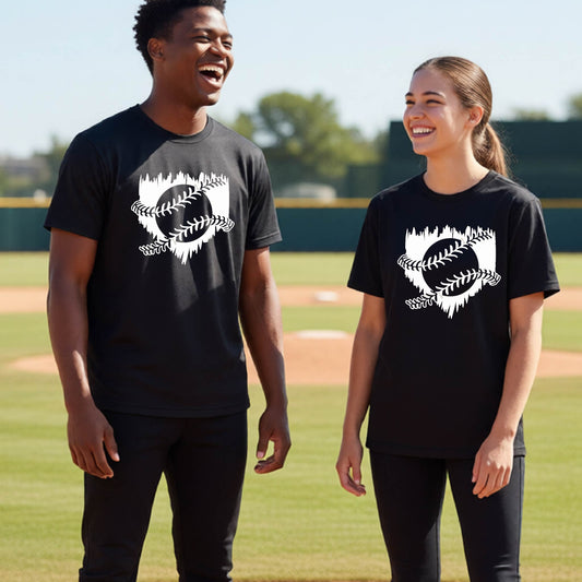 Two youth athletes wearing matching black short-sleeve t-shirts, smiling in front of a baseball diamond, with an artistic white graphic of a sketch of baseball home plate with baseball stitches across the front, printed on the front of the shirt.